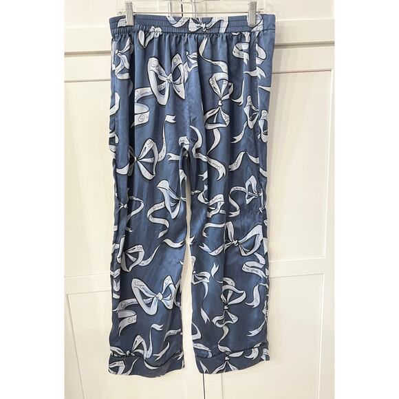 Olivia von Halle Blue Silk Satin Pajama Set Sz L Lila Arran Blue Bow Women’s - Picture 8 of 8